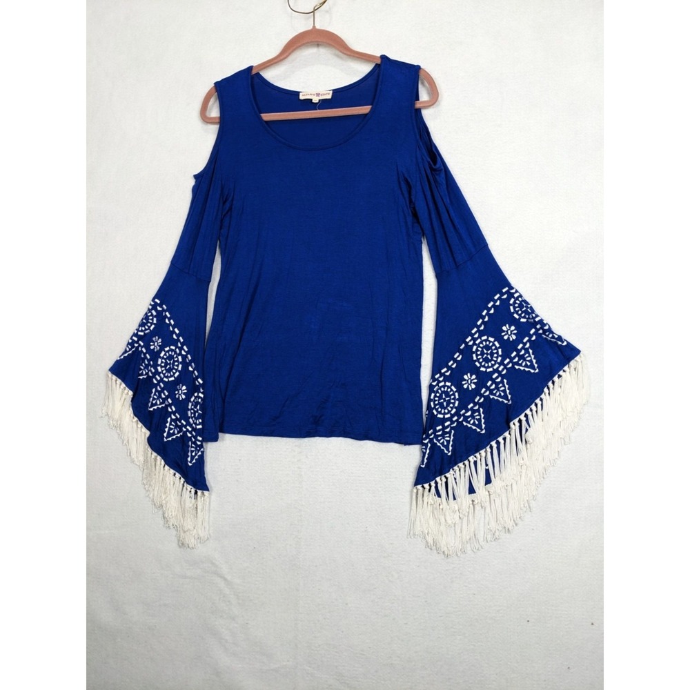 Altard State Boho Sz M Blue Cold Shoulder Top Embroidered Bell Sleeves Fringe